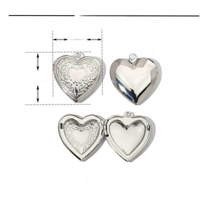 Detailed views of silver heart locket showing dimensions, weight and interior structure