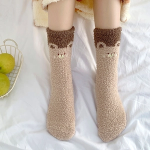 Fuzzy coral fleece mid-calf socks with cute cartoon bear embroidery in khaki and brown