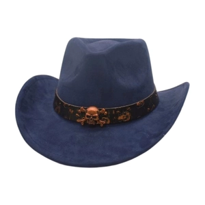 Detailed shot of dark blue suede cowboy hat with metallic skull buckle decoration
