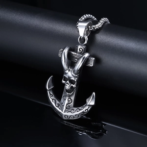 Vintage stainless steel anchor skull pendant necklace in antique silver finish