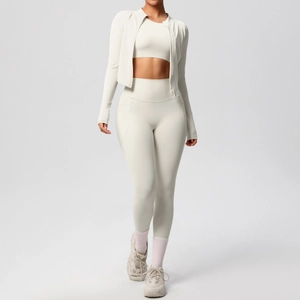 Dreiteiliges Fitness-Set mit High-Waist-Taschen-Leggings und Crop-Reißverschlussjacke