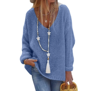 Close-up of blue knit texture with V-neckline and chunky openwork weave detail