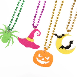 Halloween felt necklaces featuring spider, witch hat, pumpkin and bat with colorful beads