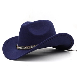 Detail of navy blue wool felt cowboy hat featuring a colorful tribal geometric hatband