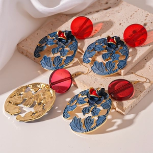New Chinese-style flower earrings with red resin and dark blue floral metal charms