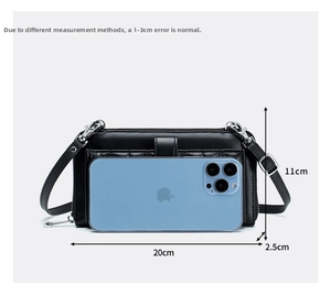 Detailed size map of the black leather crossbody phone bag 20cm x 11cm x 2.5cm