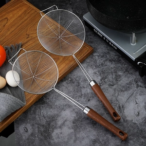 Set of 2 stainless steel skimmer spoons with heat-resistant wood handles and hooks