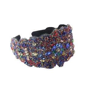 Baroque wide headband with colorful rhinestones and floral crystal beads for women