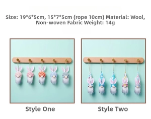 Easter gnome plush ornaments with rabbit ears and size details 19x6x5cm shown on green backdrop