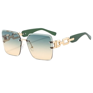 Fashion Rimless Square Sunglasses Women UV400 Protection Oversized Metal Chain Hollow Temples Gradient PC Lens Luxury
