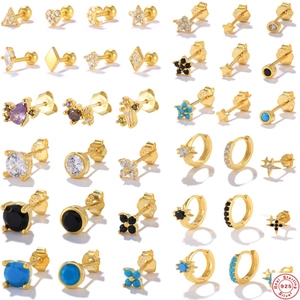 925 Sterling Silver Earrings Gold Plated Star Heart Geometric Zircon Turquoise Stud Hoop Jewelry Women Minimalist Style
