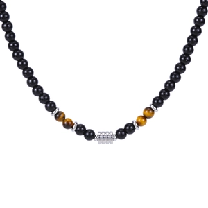 Tiger eye and black stone beaded necklace with silver titanium steel pendant on white background
