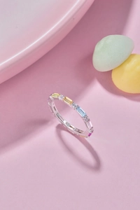 Close-up of S925 sterling silver ring with colorful rainbow cubic zirconia stones