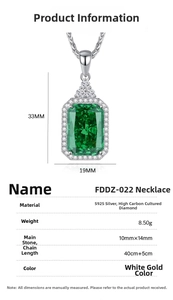 Detailed size chart of S925 silver necklace with 10x14mm emerald cut gemstone