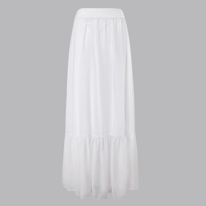 Detailed view of long white chiffon beach skirt with elastic waist and ruffled tiered hem