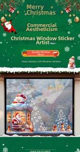Macro detail of UV Christmas window stickers featuring Santa Claus and snowman motifs