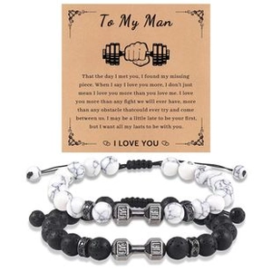 Couples beaded bracelets with white turquoise, black lava stone and dumbbell charm on card