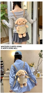 Detail of cute plush puppy backpack with lace dress and adjustable straps on model