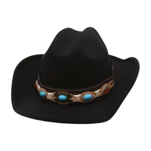 Chapeau de cow-boy en feutre noir avec bandeau ethnique perlé de turquoise et d'ambre style