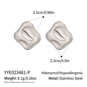 Macro detail of silver-finish wavy square stainless steel stud earrings with dimensions