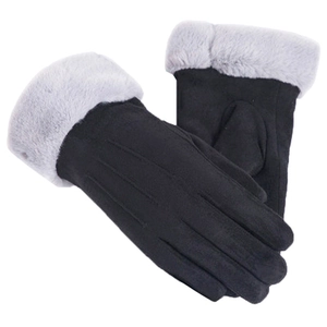 Black suede winter gloves for women with grey faux fur trim and touch screen fingertips