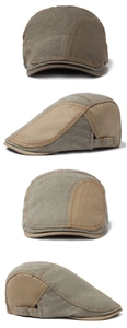 Detailed views of gray-green patchwork flat cap with adjustable metal buckle from multiple angles