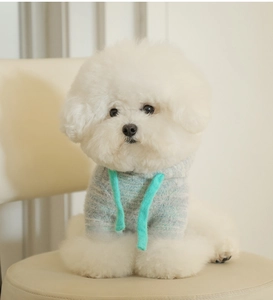 Détail du sweat à capuche pour chien avec rayures bleu-gris et cordons cyan sur maille