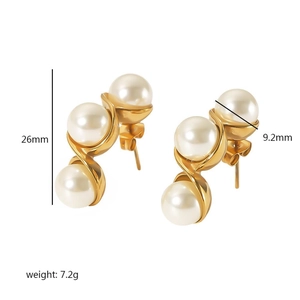 French vintage 18K gold plated U-shaped earrings with triple vertical pearls 26mm height