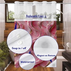 Detail of snap-in replaceable liner and marble print waterproof shower curtain with magnets