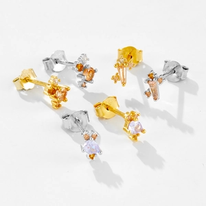 Minimalist S925 sterling silver stud earrings set with colorful zircon gemstones