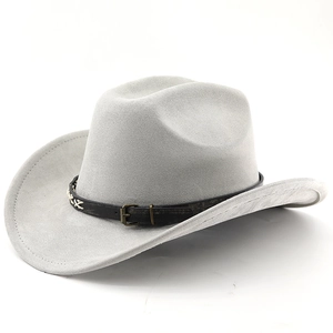 Detail of light grey suede cowboy hat featuring black leather band and metal buckle