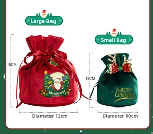 Detail of red and green velvet Christmas drawstring gift bags with reindeer antler decor