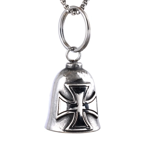 Vintage silver stainless steel Iron Cross biker bell pendant for men with retro finish