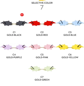 Détails de sept lunettes de soleil chauve-souris sans monture avec branches dorées