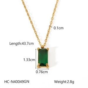 Detailed size chart for 18K gold plated necklace with rectangular green zircon pendant