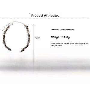 Detail showing geometric rhinestone necklace dimensions and alloy material specifications