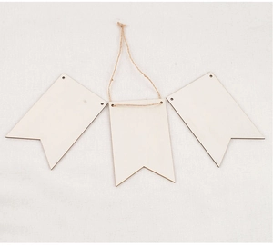 Detailed view of three blank swallowtail wooden banners connected by natural hemp rope