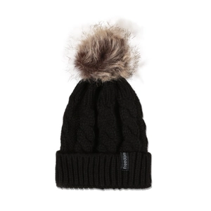 Bonnet en tricot noir avec pompon en fausse fourrure marron et étiquette Freedom