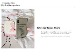 Pink and beige girls bowtie crossbody bag size comparison with an iPhone mobile