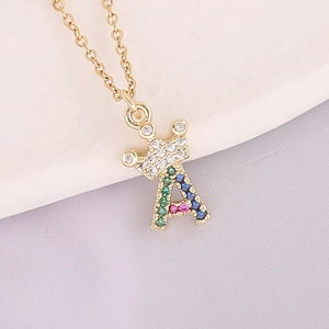 18K gold letter A crown pendant necklace with colorful cubic zirconia on dainty O-chain