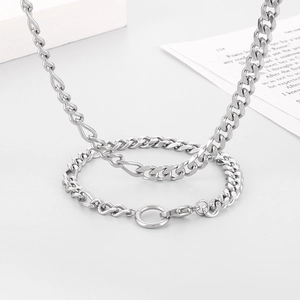 Mens stainless steel silver chain necklace and bracelet set in a modern street style