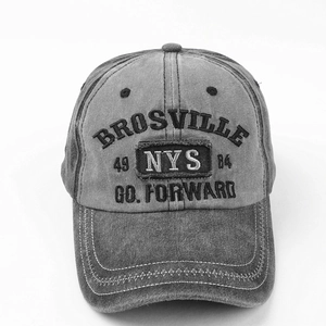 Detailed close-up of NYS BROSVILLE 3D embroidery on vintage washed grey baseball cap