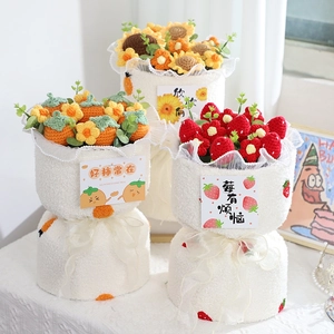 Handmade crochet sunflower strawberry and persimmon bouquet with white plush wrap and bows
