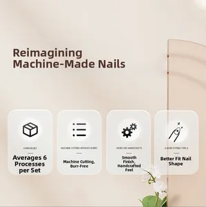 Detail of press-on nails showing 6-step process and ergonomic fit on beige background