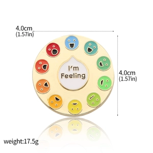 Detailed view of enamel mood badge showing dimensions 4.0cm and 17.5g weight