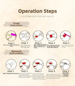 Detailed guide showing application and removal process for dark brown press-on nails