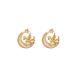 Vintage Pegasus earrings with resin moon and zircon details in a gold-plated setting