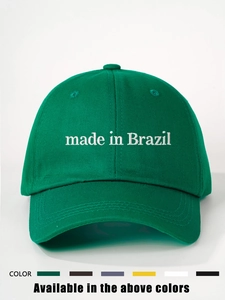 Detailed view of Made in Brazil embroidery on green cotton cap with six color options