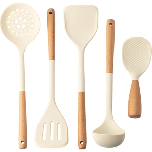 5-piece beige food-grade silicone cooking utensil set with natural wooden handles