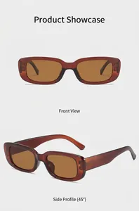 Detailed front and side views of vintage rectangular sunglasses in amber brown